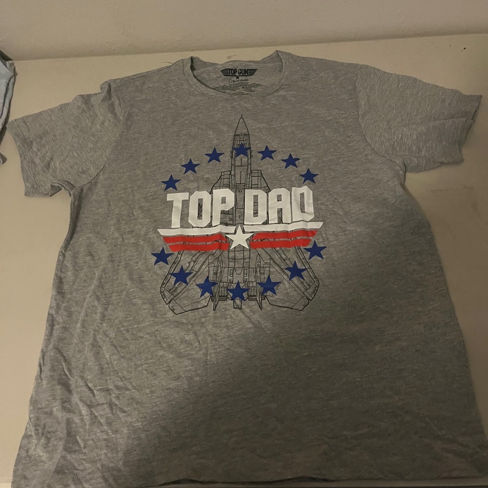 Top Gun Top Dad Mens Heather Gray Graphic‎ T-Shirt Fighter Jet Large L 42-44